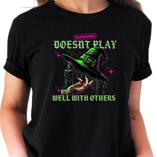 Warning, Doesn't Play Well with Others TSHIRT ONLY - Black Halloween Crewneck T-Shirt with Witches Hat, Bats, Pumpkins & Neon Cauldron Design - Unisex Casual Top