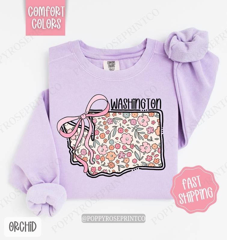Washington Floral Bow Comfort Colors Sweatshirt, Cute Trendy State Coquette Pullover T-Shirts, Hoodie | WearSparks.com
