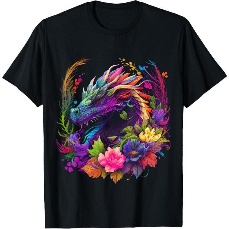 Watercolor Dragon Flowers Beautiful Art Colorful Graphic T-Shirt Made in USA