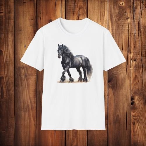 Watercolor Friesian Horse, Horse T-shirt, Horse Portrait Shirt, Equestrian Shirt, Horse Lover Gift, Black Stallion, Unisex Softstyle T-Shirt made in usa