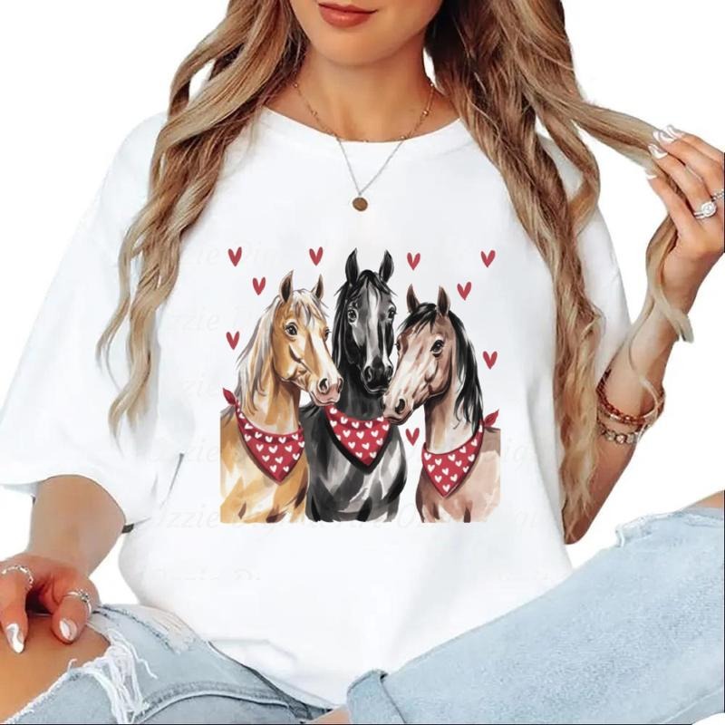 Watercolor Horses Tshirt Hearts Horse Lover Western Farm T-Shirt Sweatshirt Hoodie Unisex Cotton Top