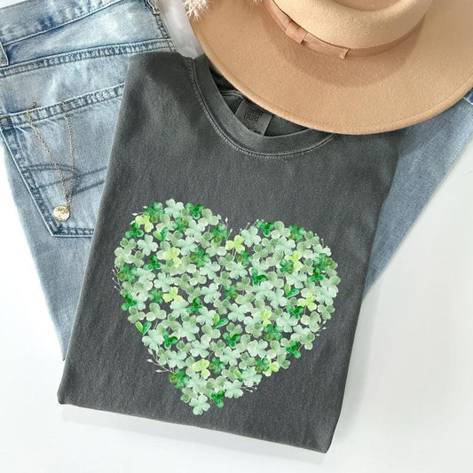 Watercolor Shamrocks, Heart, St Patrick's Day Comfort Colors Tshirt, Women's Crew Neck, Crewneck