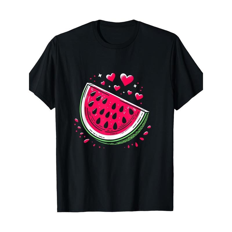 Watermelon Love Heart Graphic T-Shirt, 100% Cotton, Regular Fit, Crew Neck, Short Sleeve, Geometric Pattern, Slight Stretch, with Digital Print, for Casual Weekend Wear, All-Season Knit Fabric Made in USA