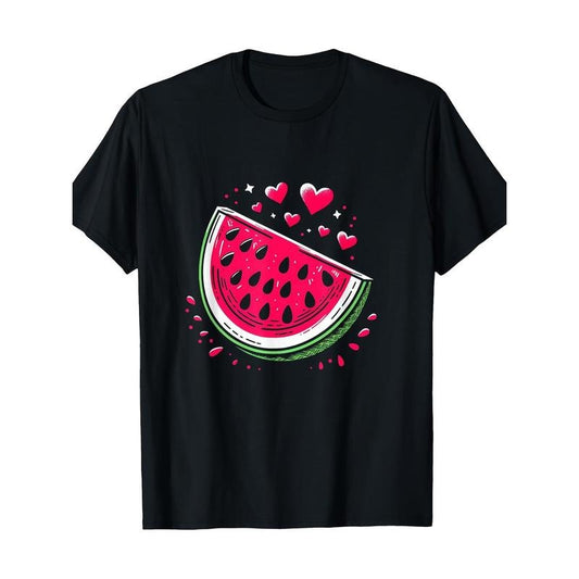Watermelon Love Heart Graphic T-Shirt, 100% Cotton, Regular Fit, Crew Neck, Short Sleeve, Geometric Pattern, Slight Stretch, with Digital Print, for Casual Weekend Wear, All-Season Knit Fabric Made in USA