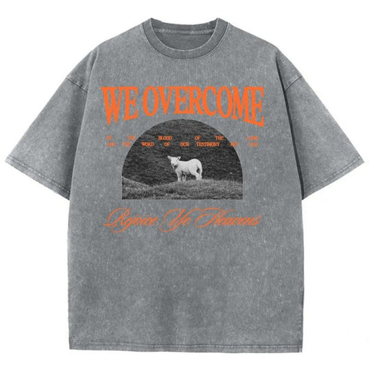 We Overcome Unisex Washed T-Shirt, Christian Jesus  t shirts, Vintage 90s Graphic Tee Gift Cotton Top Womenswear, Mineral color