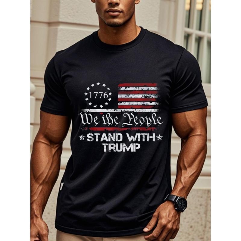 We The People STAND WITH TRUMP Men's Black Casual T-shirt, Graphic Crew Neck, Soft Cotton, Funny Sayings, Stylish, Ultra-Soft, Breathable, Great For Running, Weekend Casual, And Four Seasons Made in USA