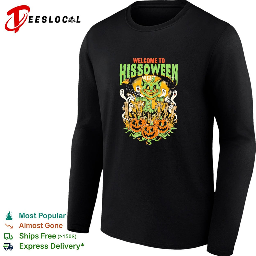 Welcome to Hissoween night cat scarecrow pumpkin shirt