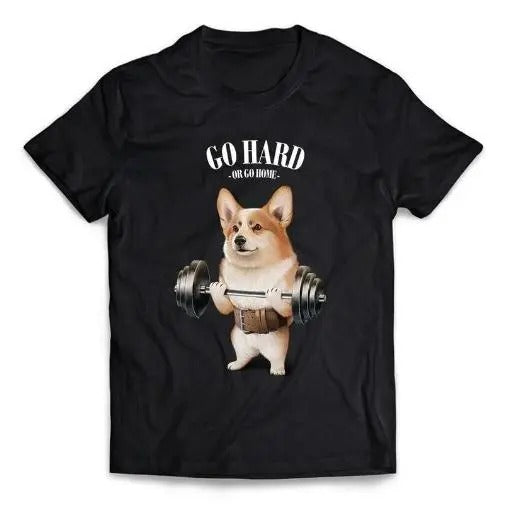 Welsh Corgi Dog Muscle Training and Weightlifting in Gym - Short-Sleeve Unisex T-Shirt Made in USA