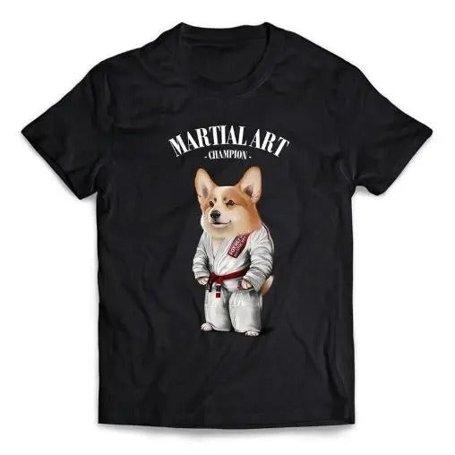 Welsh Corgi Dog Sensei in White Judogi Karate Martial Art Champion - Short-Sleeve Unisex T-Shirt Made in USA