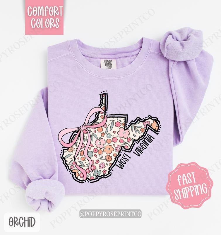 West Virginia Floral Bow Comfort Colors Sweatshirt, Cute Trendy State Coquette Pullover T-Shirts, Hoodie | WearSparks.com