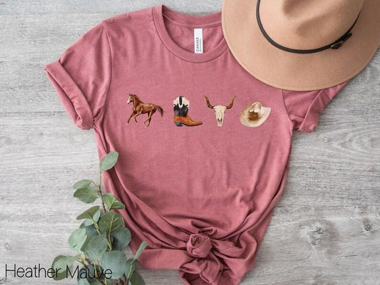 Western Cowboy T-Shirt,Cow Skull Shirt,Country Concert Tee,Boho Cow Skull Shirt,Vintage Wild West Unisex Shirt,Cowgirl Boots Shirt,Western