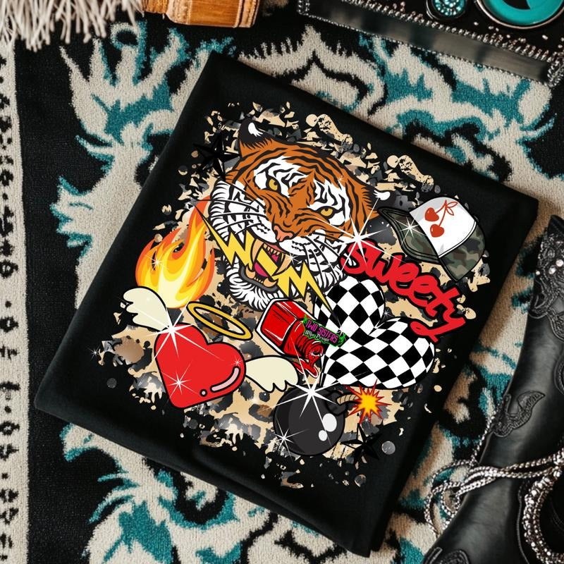 Western Goth Collage T-Shirt Unisex Short Sleeve Crewneck with Tiger Graphic Sweet Checkered Pattern & Trucker Hat Included Vintage Graphic Tee for Men Women