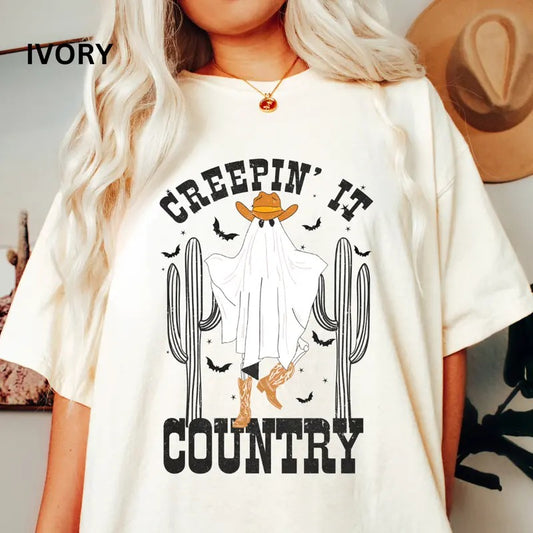 Western Halloween Shirt, Creepin it country shirt, Spooky Season Shirt, Summerween shirt, Comfort Colors Halloween Shirt, Casual Shirt Unisex, Halloween Clothing, Graphic Halloween Apparel, Casual Cotton T-shirt, Unisex Halloween