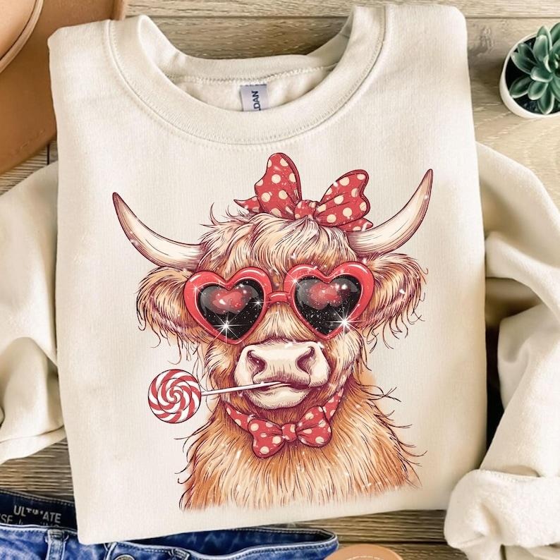 Western Valentines Highland Cow Sweatshirt, Valentines Coquette , Vintage Valentine , Girls Valentine , Valentine Gift...