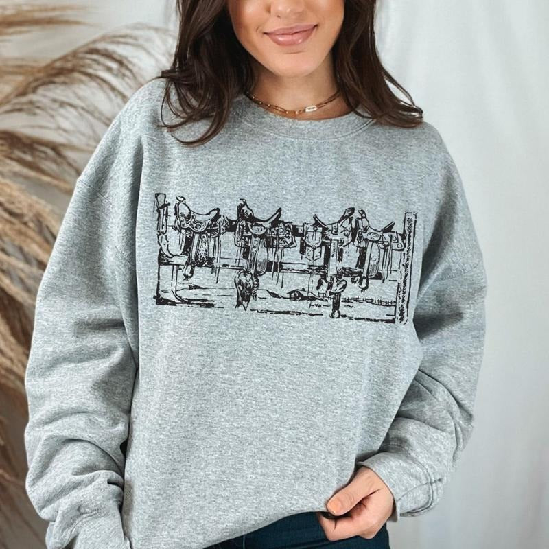 Western Vintage Style Saddle Sweatshirt, Cowgirl Graphic Crewneck Country Horse Sweater, westernn clothing stuff, western...