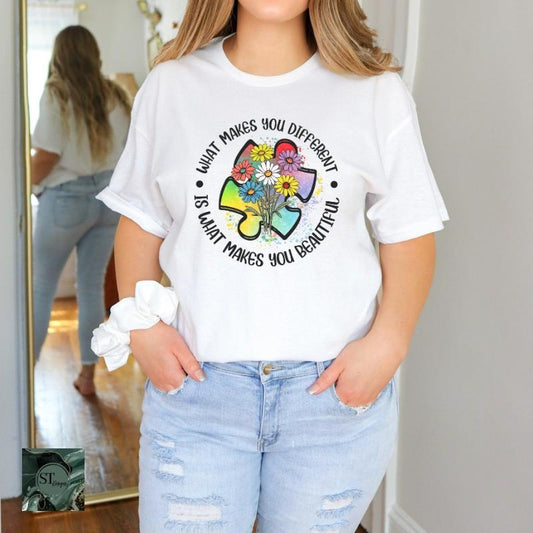 What Makes you Different is What Makes you Beautiful Autism Awareness White 100% Ring spun Cotton T-Shirt Unisex Fit