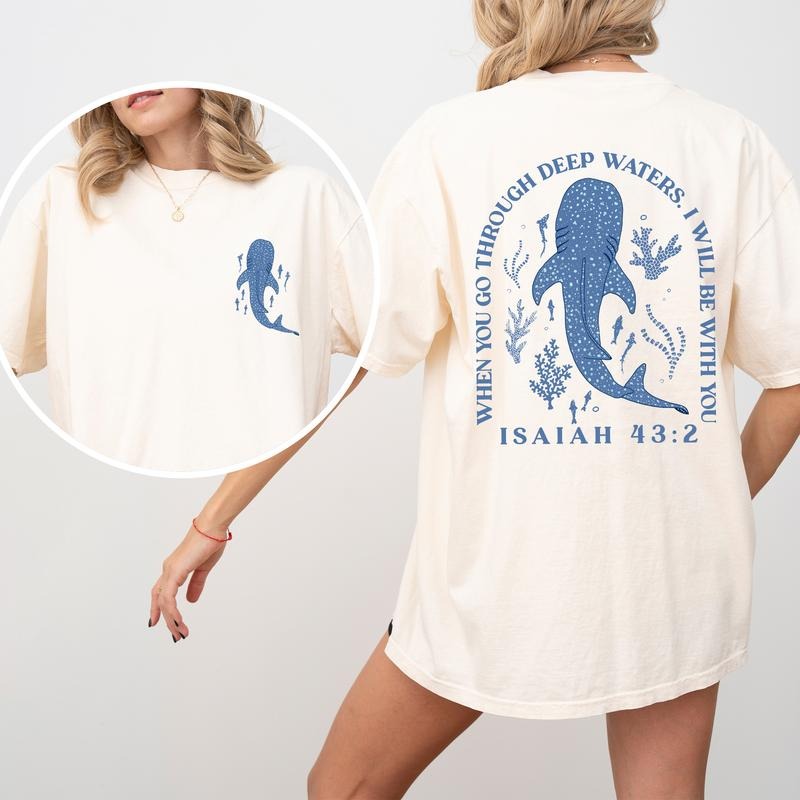 When You Go Through Deep Waters Bible Verse Comfort Colors Shirt, Summer Religious T-shirt, Ocean Christian Graphic Tee,...