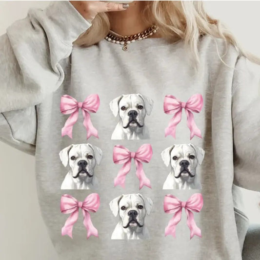 White Boxer with Bows Sweatshirt ~ Sweatshirt Unisex Apparel Relaxed Fit Printed in the USA Clothing Womenswear Casual and Comfortable