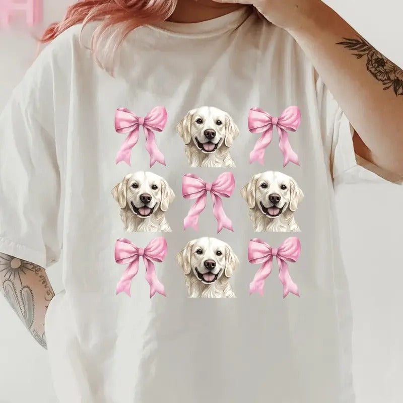 White Golden Retriever with bows Shirt ~ Unisex Apparel Relaxed Fit Printed In The USA Clothing Womenswear Casual Comfort Cotton Top Athletic Boho Chic