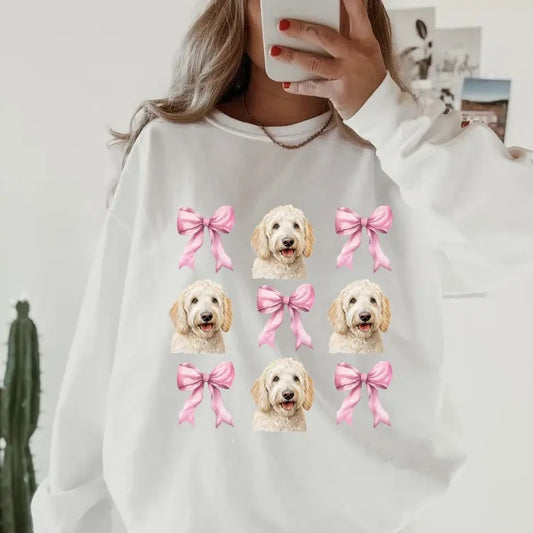 White Goldendoodle with bows Sweatshirt ~ Sweatshirt Unisex Apparel Relaxed Fit Printed in the USA Clothing Womenswear Casual and Comfortable