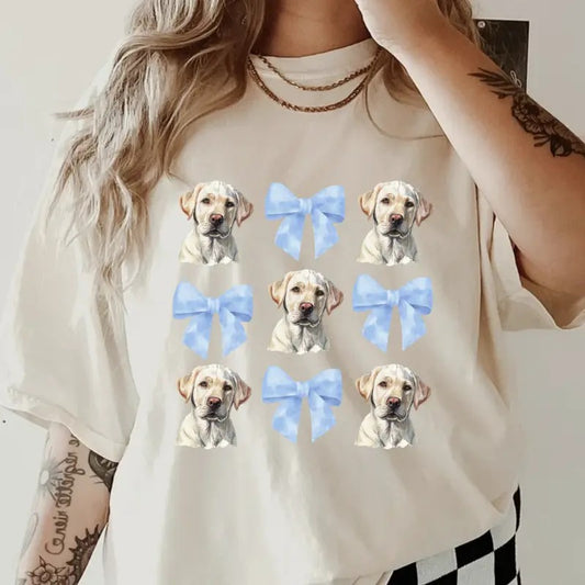 White Lab with bows Shirt ~ Unisex Apparel Relaxed Fit Printed In The USA Clothing Womenswear Casual Comfort Cotton Top Athletic Boho Chic