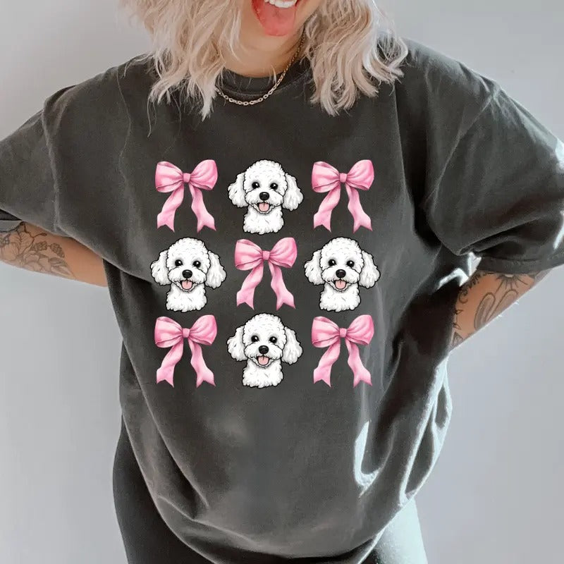 White Poodle with bows Shirt~ Unisex Apparel Relaxed Fit Printed In The USA Clothing Womenswear Casual Comfort Cotton Top Athletic Boho Chic