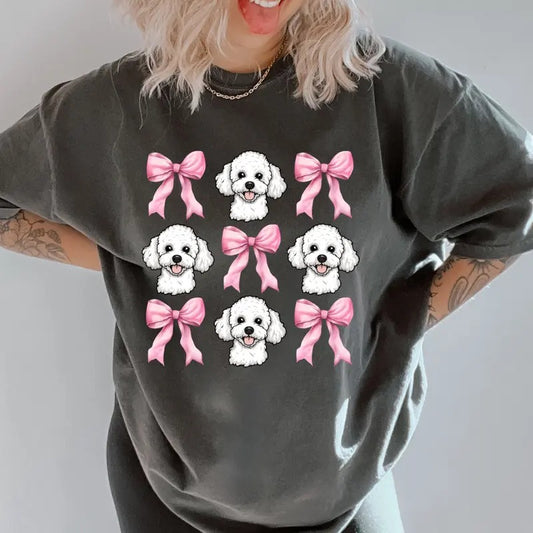 White Poodle with bows Shirt~ Unisex Apparel Relaxed Fit Printed In The USA Clothing Womenswear Casual Comfort Cotton Top Athletic Boho Chic