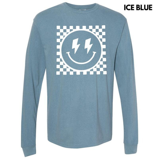 White Puff Checkered Happy Face Long Sleeve Comfort Colors T-Shirt