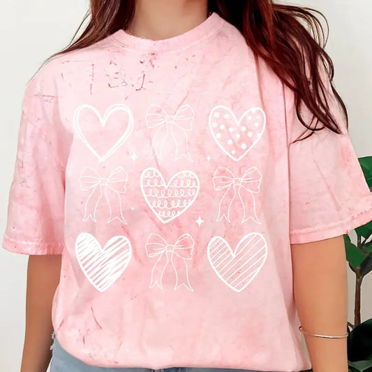 White bow and heart doodles Valentines day Shirt~ Unisex Apparel Relaxed Fit Printed In The USA Clothing Womenswear Casual Comfort Cotton Top Athletic Boho Chic