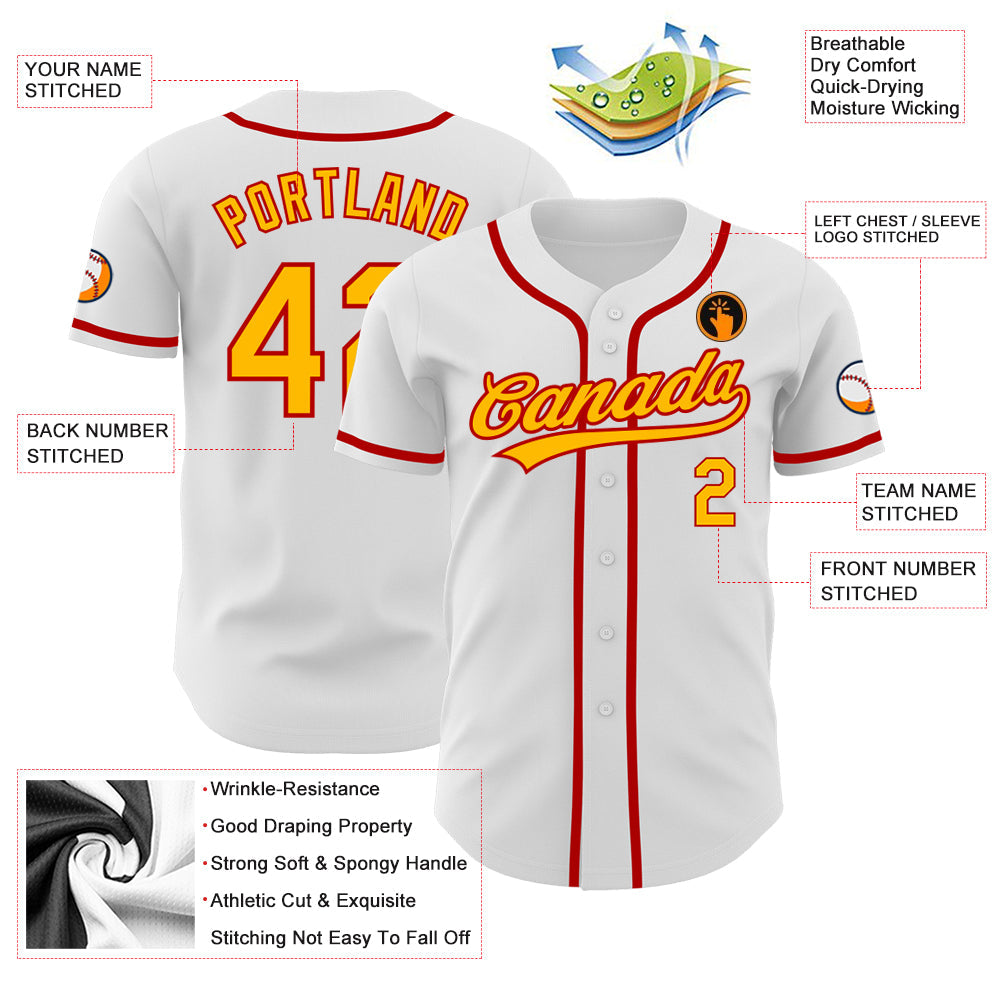 Custom White Gold-Red Authentic Baseball Jersey
