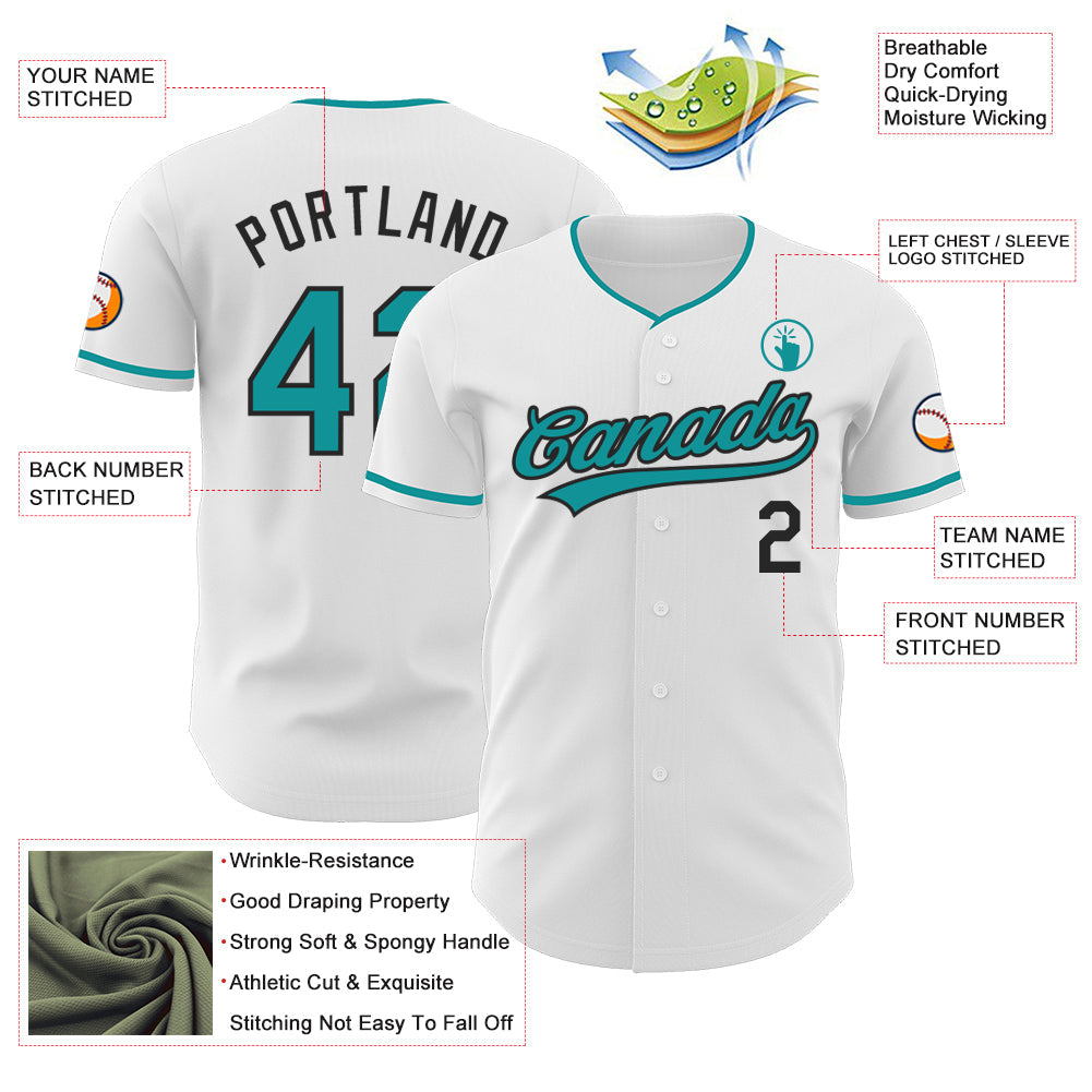 Custom White Teal-Black Authentic Baseball Jersey