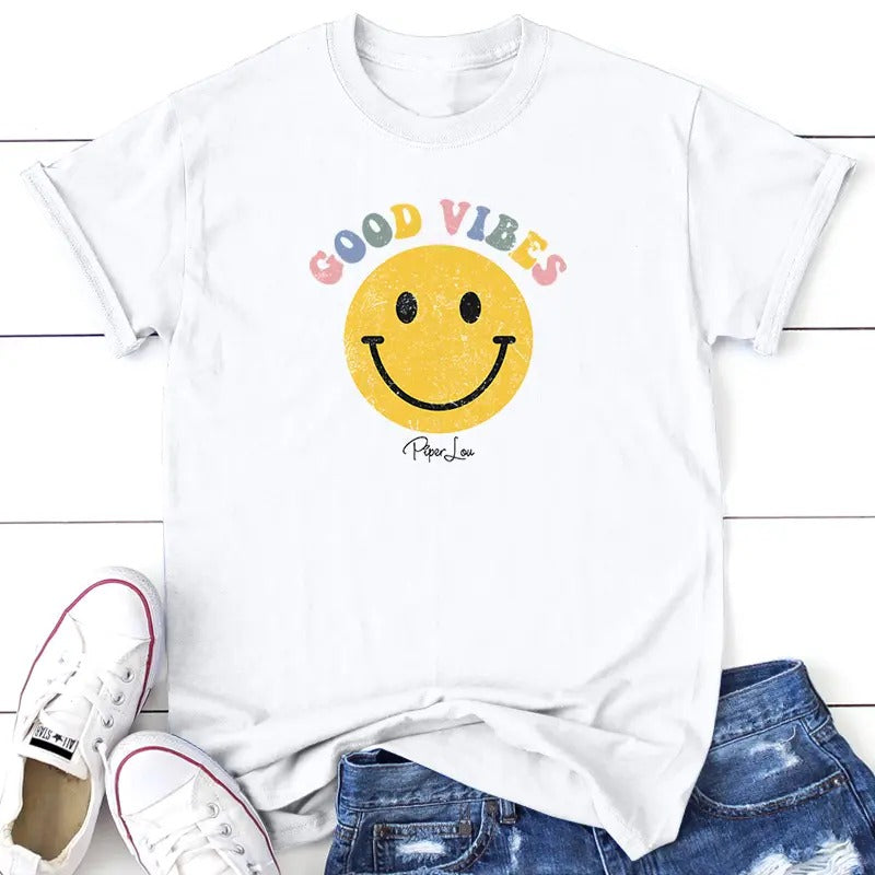 Good Vibes Smiley Graphic Tee, Proudly Printed In The USA, Tee Gray / White, #sassy #cute #colorprint Hoodie, Sweatshirt