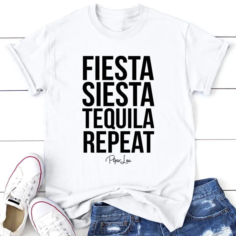 Fiesta Siesta Tequila Repeat Tee, Proudly Printed In The USA, Tee Gray / White, #sassy #cute #colorprint Hoodie, Sweatshirt