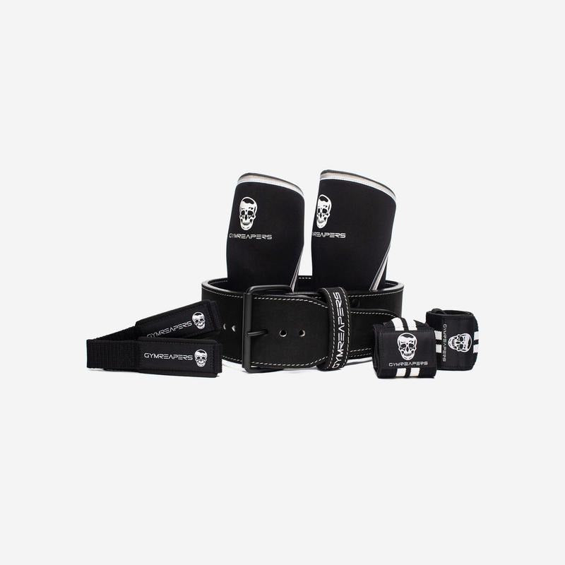 Gymreapers Single Prong Strength Kit - Black/White, Premium Leather 10mm Belt, 7mm Knee Sleeves, Padded Straps, and 18in Wrist Wraps