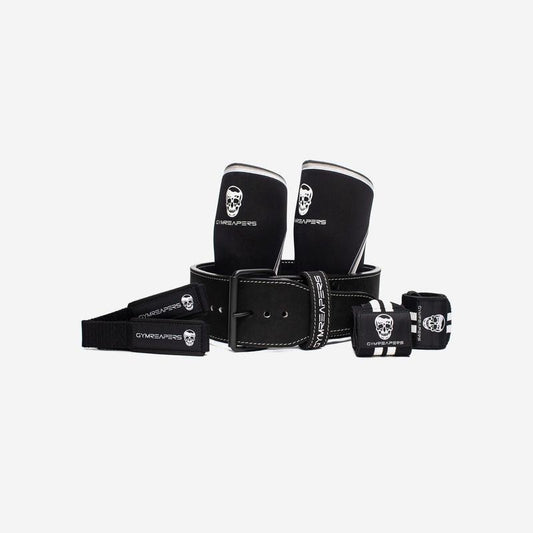 Gymreapers Single Prong Strength Kit - Black/White, Premium Leather 10mm Belt, 7mm Knee Sleeves, Padded Straps, and 18in Wrist Wraps