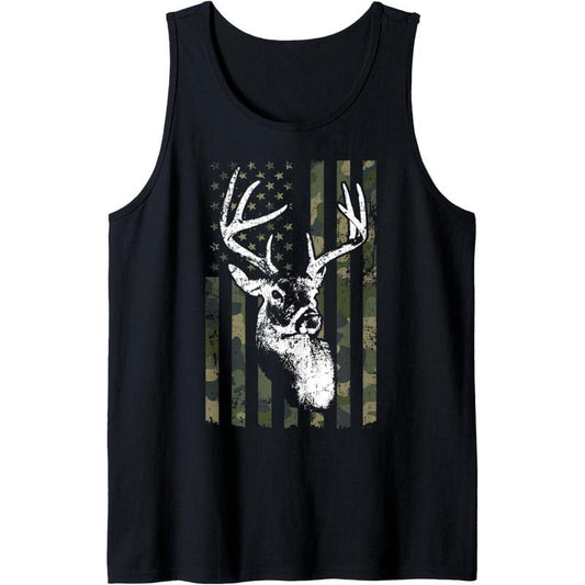 Whitetail Buck Deer Hunting USA Camouflage American Flag Tank Top made in USA
