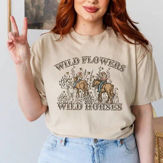 WiId FIowers WiId H0rses T Shirt, Country Girl Shirt, Concert Top, Country Music Tee, Unisex Short Sleeve Tee Shirt, Casual Clothing