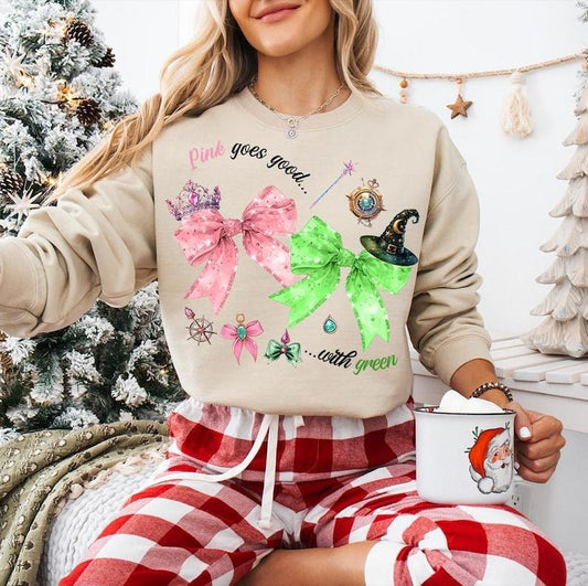 Wic.ked Movie Pink Goes Good With Green Sweatshirt, Defy Gravity Broomstick Magic Wand, Wizard Movie Fan , Wic.ked Musical Fan Gift