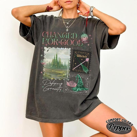 Wicked Change For Good Shirt, Wizard Musical Movie Fan Gifts, Good Witch Bad Witch Pink and Green Tee, Defy Gravity Broomstick
