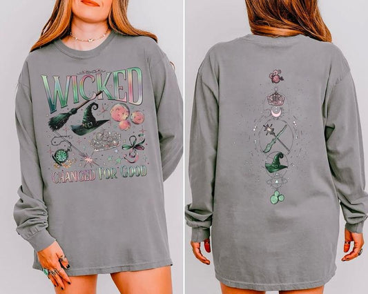 Wicked Change For Good Sweatshirt, Gravity Broomstick Magic Wand Shirt, Wizard Movie Fan Shirt, Wicked Musical Fan Crewneck, Pink Goes Good With Green Shirt