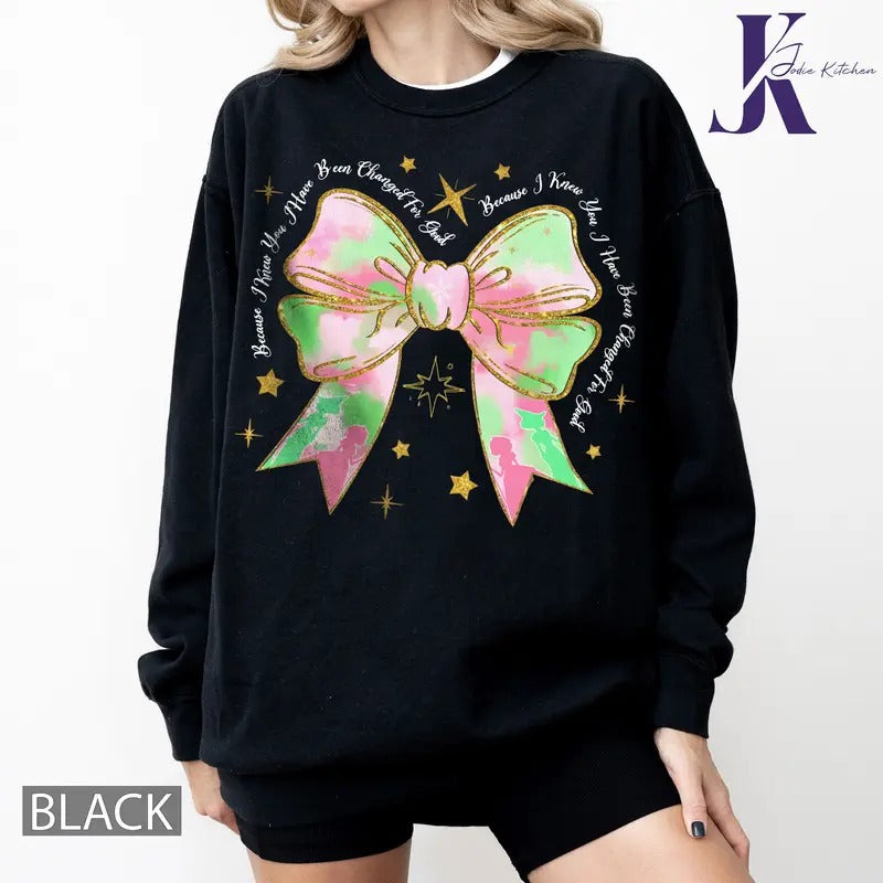 Wicked Glitter Colorful Coquette Bow Sweatshirt, Wicked Defy Gravity Sweatshirt, Wizard of Oz Movie Fan Shirt, Witch Pink And Green Shirt