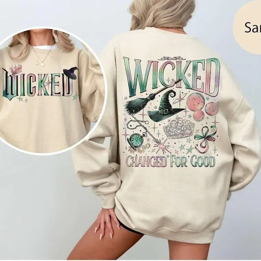 Wicked Movie 2-Sided Sweatshirt, Wizard of Oz Fan Apparel, Pink and Green Witch Shirt, Pop Culture Graphic Wicked Musical Sweater