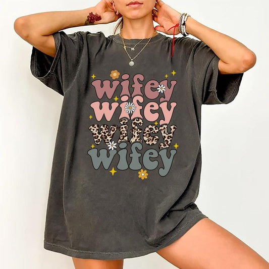 Wifey Shirt, Retro Wife T-shirt, Leopard Wifey Graphic Printed T-shirt, Vintage Groovy Comfort Shirts For Wife, Soft...