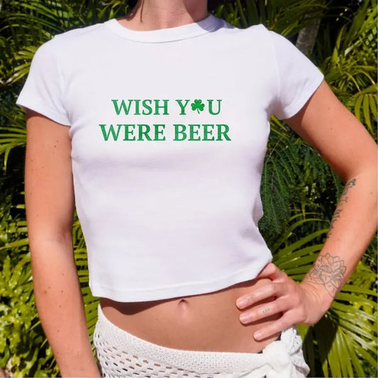 Wish You Were Beer Baby Tee, Cute Graphic Shamrock Clover Ribbed Fitted Top, Y2K Baby Tee, St Patricks Day, St Paddy's Day