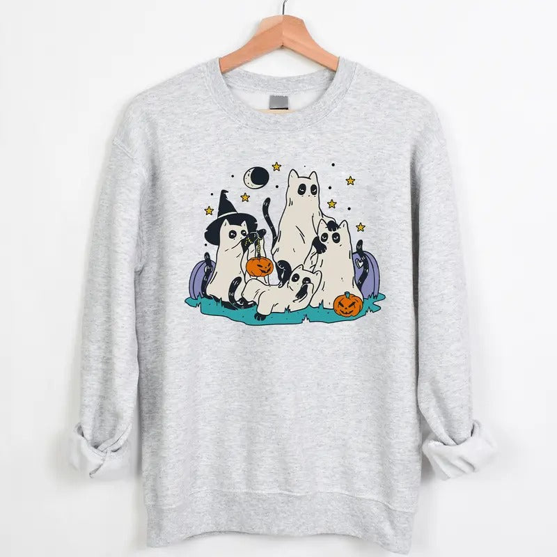 Witch Cat Halloween Crewneck Sweatshirt Hoodie Tshirt, Halloween 2024 Gifts