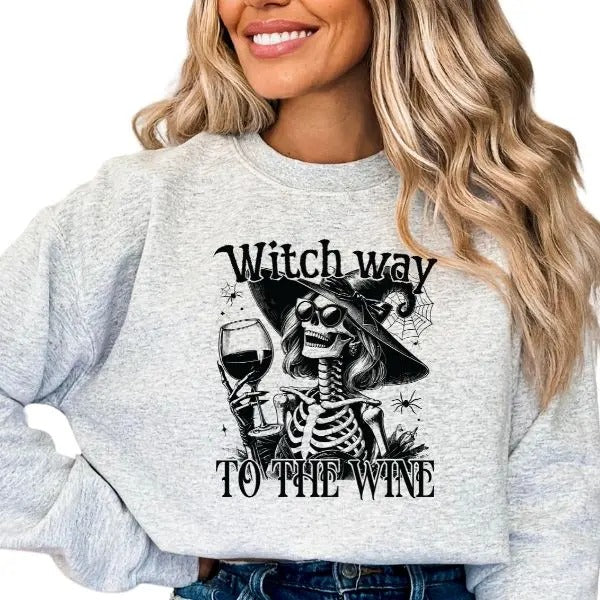 Witch Way to the W$ne Unisex Sizing Halloween Witch Pullover Sweater, Skeleton Sweatshirt, Cozy Oversized Sweatshirt, Trendy Womenswear, Gift for Mom - Girlfriend - Bestie, Skull Long Sleeve Sweatshirt