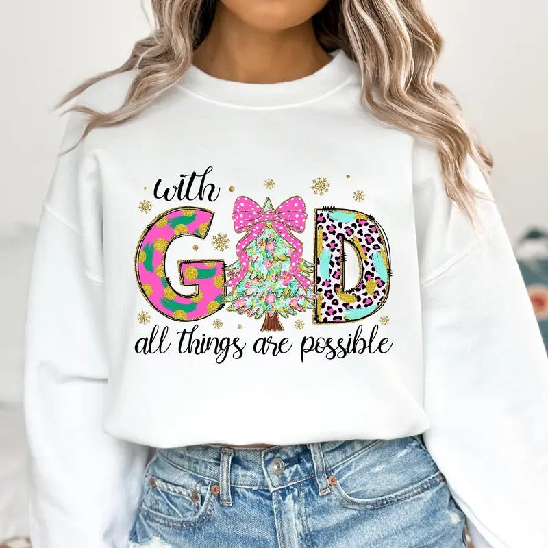 With God All Things Are Possible Floral Coquette Pink Leopard Christmas Tree Sweatshirt, Jesus Christmas Green Brushstroke Bible Verses Shirt