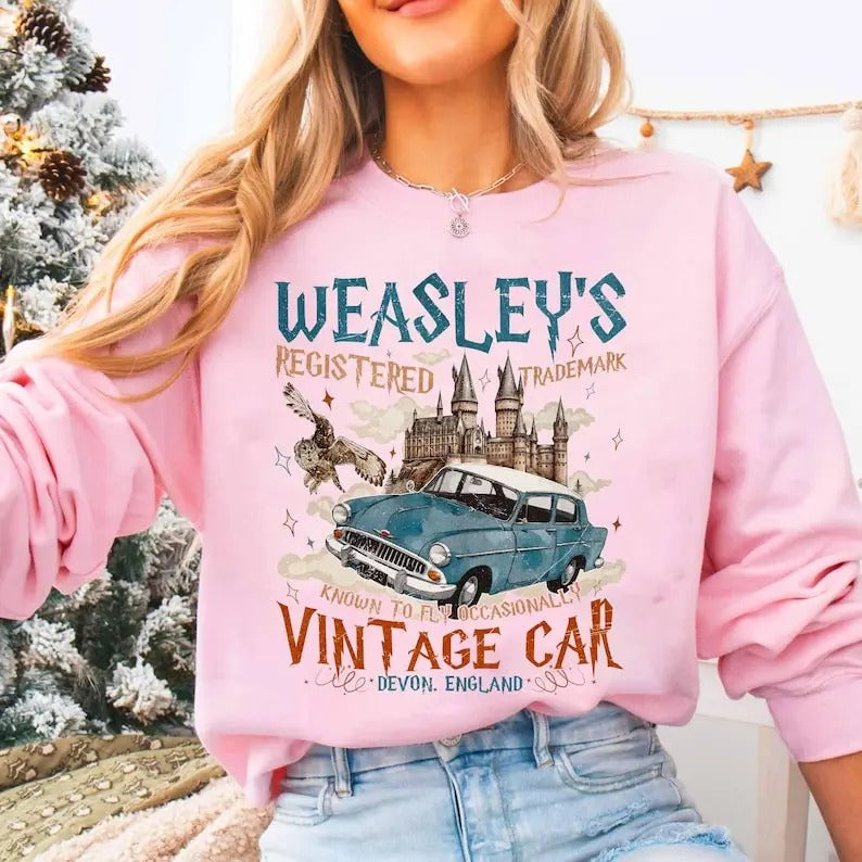 Wizard Flying Car Sweatshirt, Vintage Style Weasley Car Sweatshirt, Bookish Wizard Sweatshirt, Universal Fan Gift,...