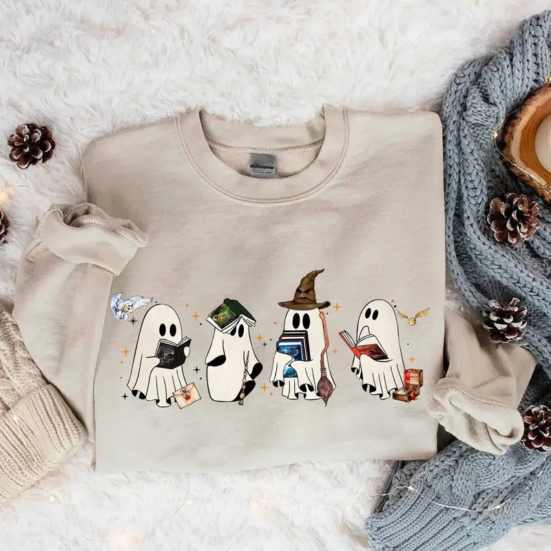 Wizard Ghost Book Sweatshirt, Ghost Bookish Shirt, Wizard Ghost Sweatshirt, Halloween Gift For Book Lovers, Bookish Halloween Sweatshirt, Ghost Reading Shirt