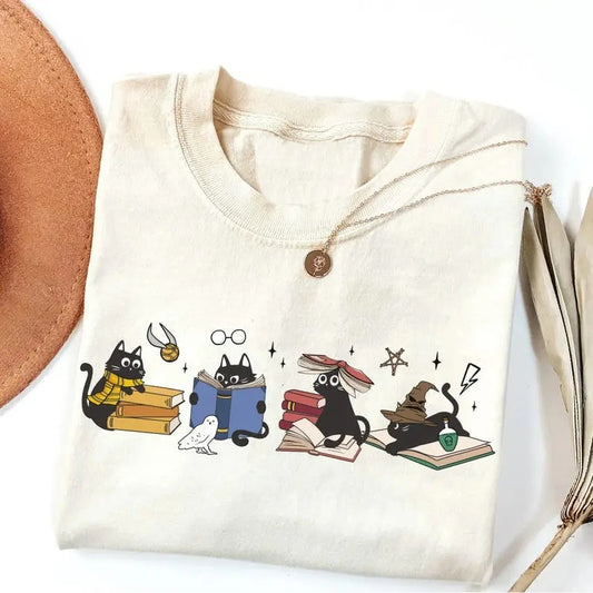 Wizard House Cat Christmas Shirt, Wizard Cat Bookish Shirt,  Magical Castle Shirt, School Cotton Crewneck Casual Basic Unisex T-Shirt